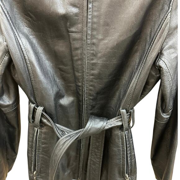 Y2K 90s Minimalist Black Butter Soft Leather Belted Zip Up Jacket Medium - Picture 5 of 10
